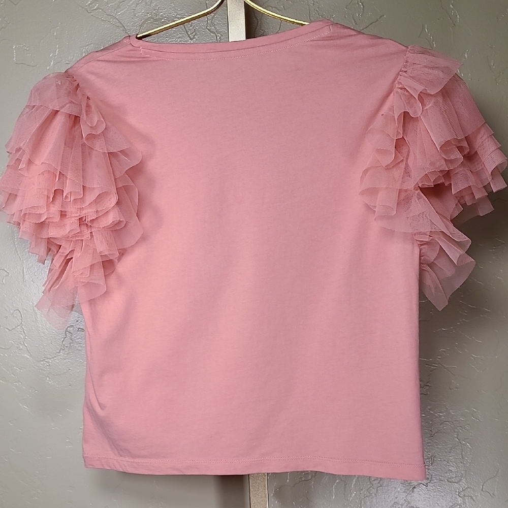 Alice + Olivia Blush Pink Rylan Tulle Sleeve T-shirt Fairy Top 100% Cotton - Picture 7 of 16